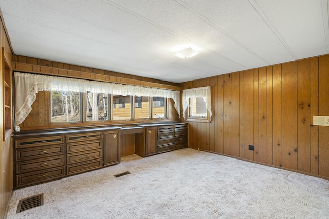 unfurnished office with wood walls and light carpet