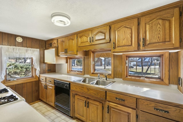 kitchen with a wealth of natural light, dishwasher, wooden walls, and sink