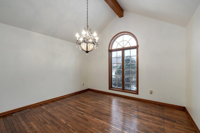 unfurnished room with dark wood-type flooring, a chandelier, and vaulted ceiling with beams