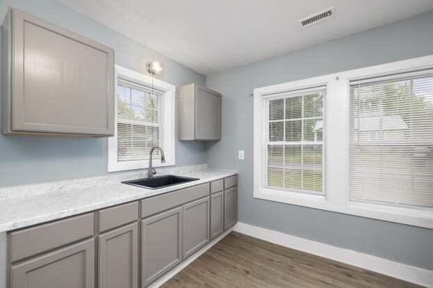 kitchen with dark hardwood / wood-style floors, gray cabinetry, and sink