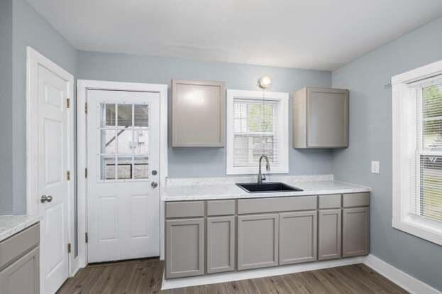 kitchen featuring sink, gray cabinets, and dark hardwood / wood-style floors