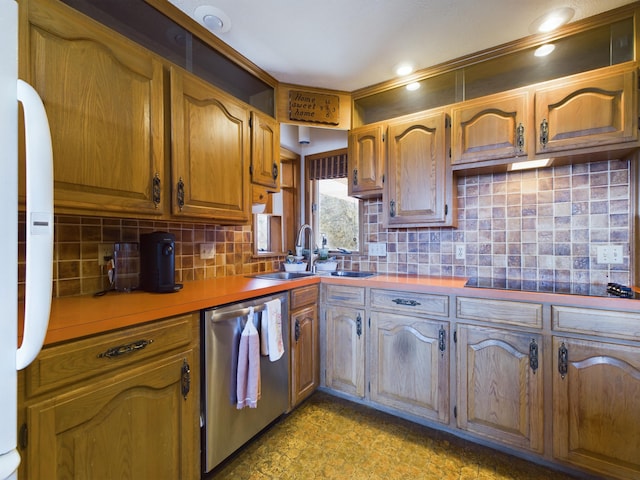 kitchen featuring dishwasher, black electric stovetop, tile countertops, decorative backsplash, and sink