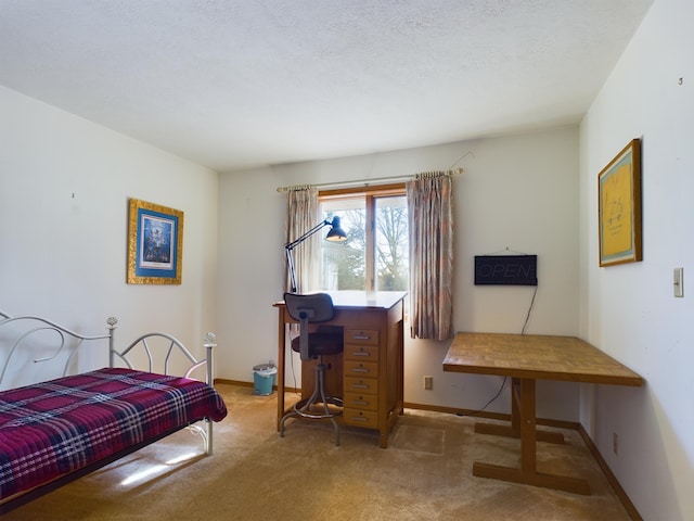 bedroom featuring light colored carpet and a textured ceiling