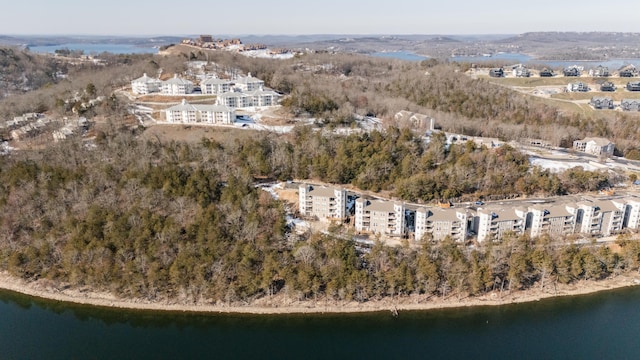 drone / aerial view featuring a water view