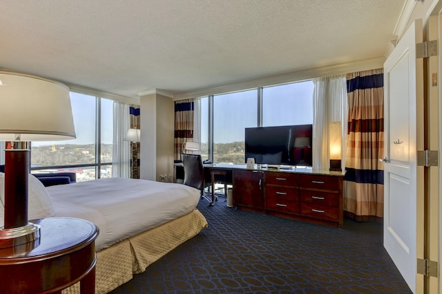 bedroom featuring a textured ceiling, multiple windows, and dark colored carpet