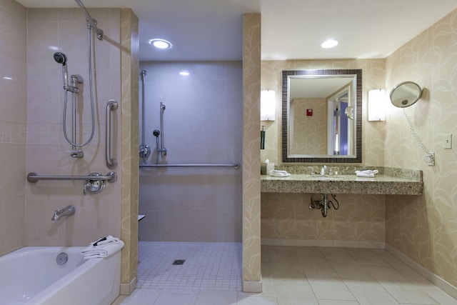 bathroom with sink, separate shower and tub, and tile patterned floors