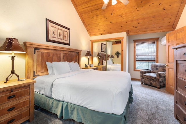 bedroom featuring lofted ceiling, carpet flooring, ceiling fan, and wood ceiling