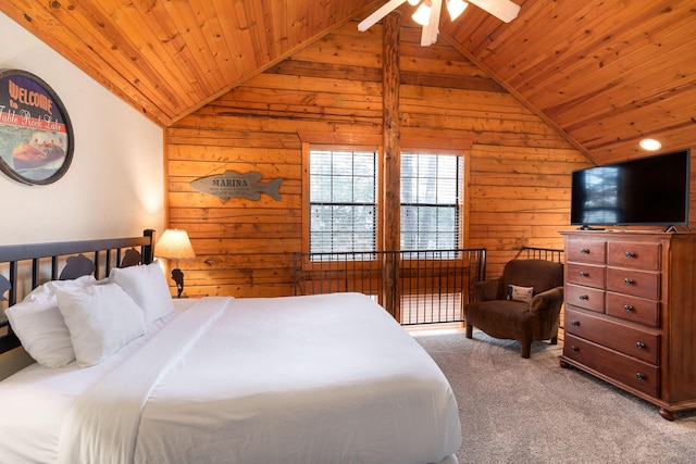 carpeted bedroom featuring ceiling fan, wooden ceiling, wood walls, and lofted ceiling