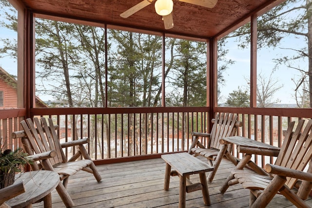 sunroom with ceiling fan, wood ceiling, and plenty of natural light