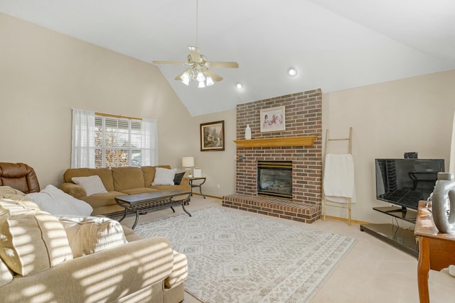 living room with ceiling fan, lofted ceiling, and a fireplace