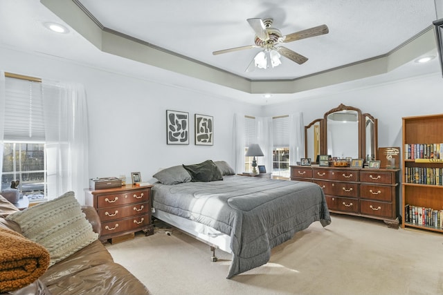 carpeted bedroom featuring ceiling fan, ornamental molding, and a raised ceiling