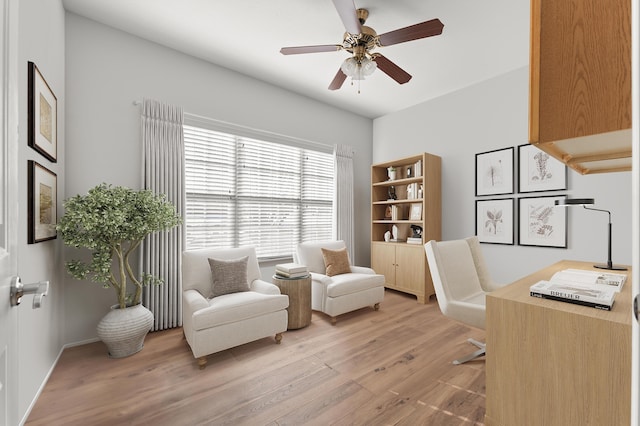 office area featuring ceiling fan and light hardwood / wood-style flooring