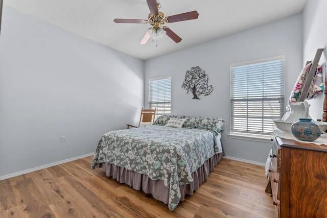 bedroom with ceiling fan and light wood-type flooring