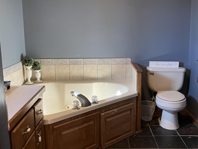 bathroom with tile patterned floors, a bath, toilet, and vanity