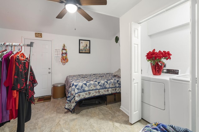 bedroom with washer and dryer and ceiling fan