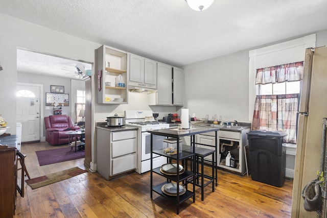 kitchen with hardwood / wood-style floors, a textured ceiling, ceiling fan, white range with gas stovetop, and gray cabinetry