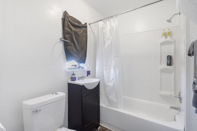 full bathroom with toilet, vanity, and shower / bath combination with curtain