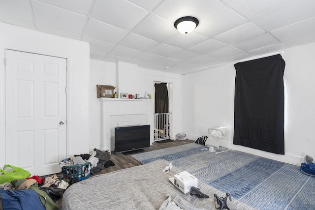 bedroom featuring dark wood-type flooring, a paneled ceiling, and a fireplace