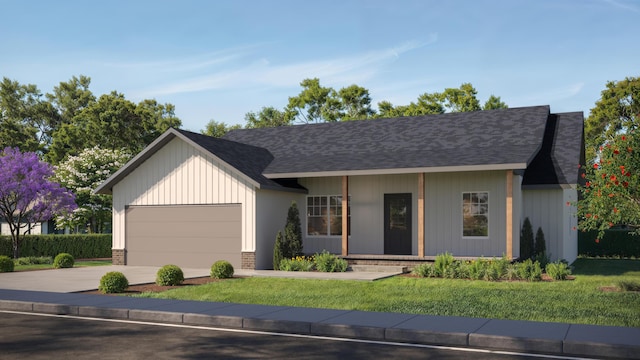 ranch-style home with a front yard, a garage, and a porch