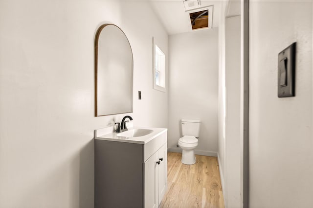 bathroom featuring toilet, vanity, and hardwood / wood-style flooring