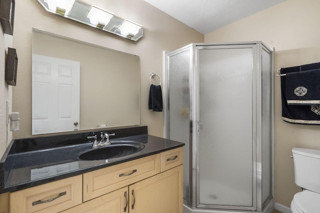 bathroom featuring a shower with shower door, toilet, vanity, and vaulted ceiling