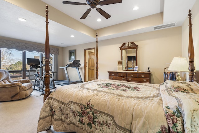 bedroom with ceiling fan, carpet, and access to exterior