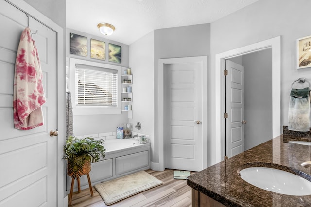 bathroom featuring hardwood / wood-style floors, a tub to relax in, and vanity