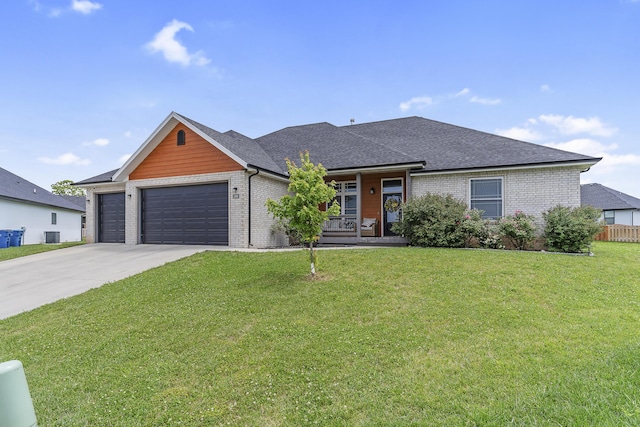 1360 N Rainbow Ct, Nixa, MO 65714 - ranch-style home featuring brick siding, an attached garage, a porch, and a front lawn