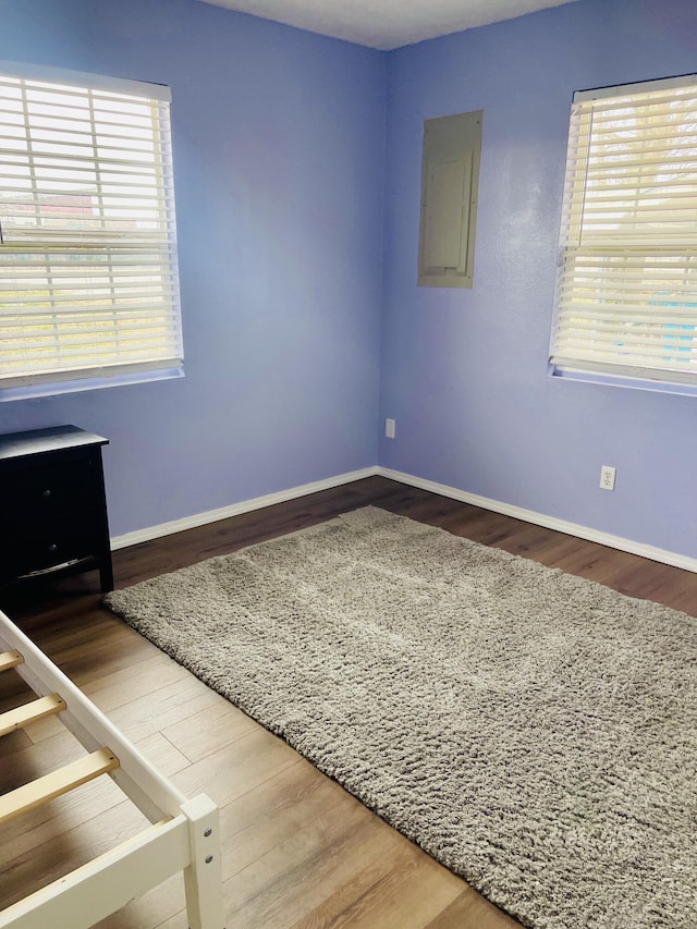 unfurnished bedroom featuring electric panel and wood-type flooring