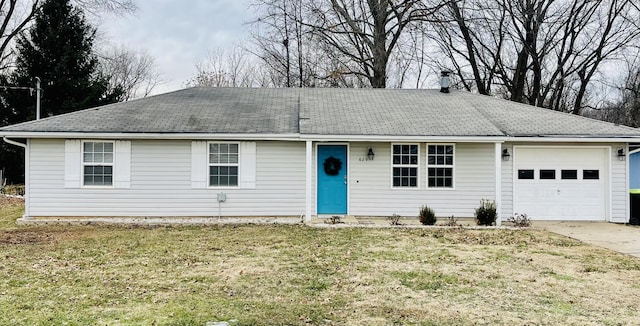 single story home featuring a front yard and a garage