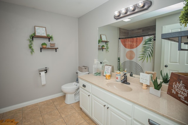 bathroom with toilet, vanity, tile patterned flooring, and a shower with shower curtain