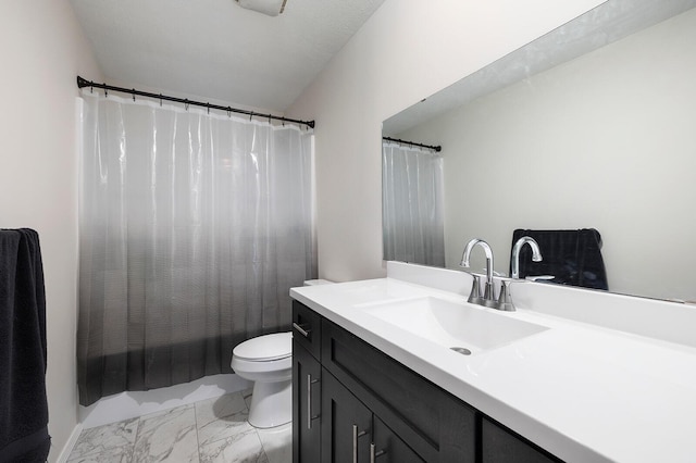 full bathroom with toilet, shower / bath combination with curtain, and vanity