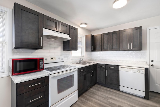 kitchen with sink, light hardwood / wood-style floors, dark brown cabinetry, and white appliances