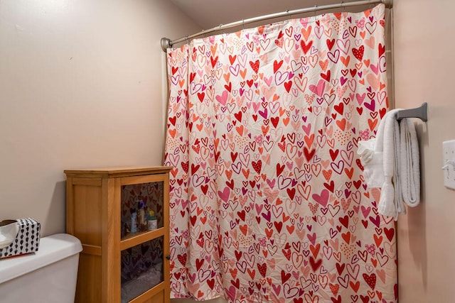 bathroom with toilet and a shower with shower curtain