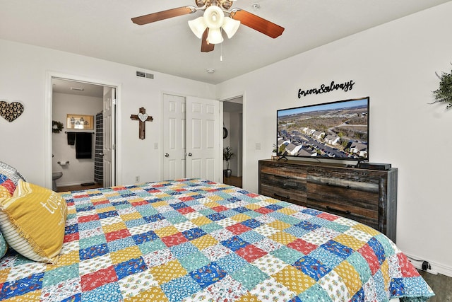 bedroom featuring ensuite bathroom, ceiling fan, and hardwood / wood-style flooring