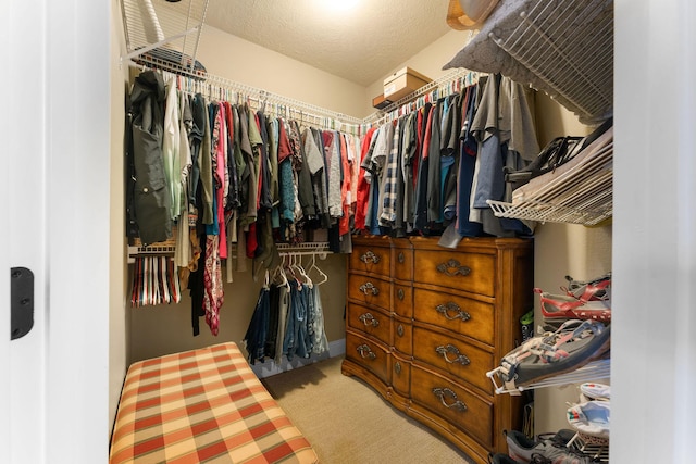 walk in closet featuring light colored carpet