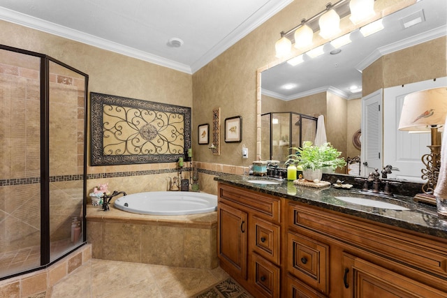 bathroom with vanity, tile patterned floors, crown molding, and shower with separate bathtub