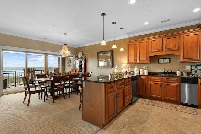 kitchen with decorative light fixtures, dishwasher, and ornamental molding