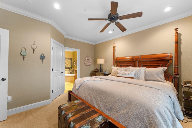 bedroom featuring ceiling fan, light colored carpet, crown molding, and connected bathroom