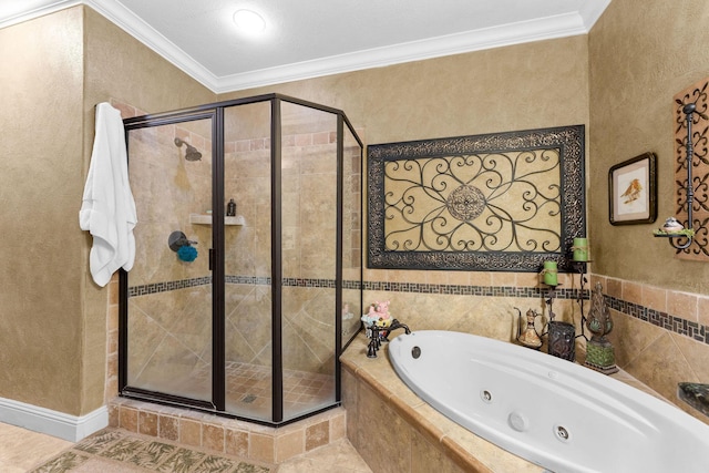 bathroom with crown molding and plus walk in shower