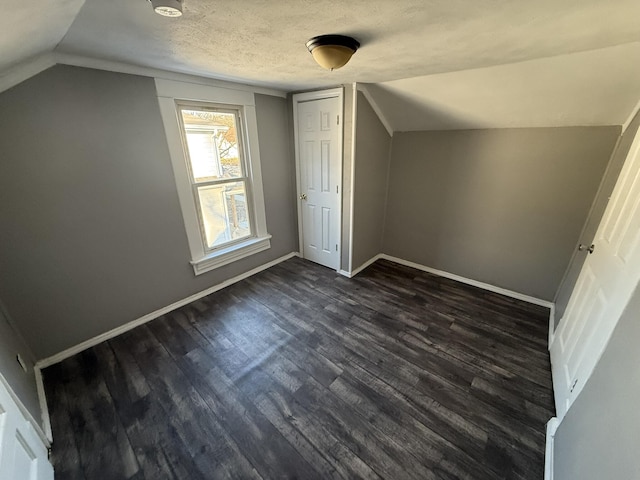 additional living space with vaulted ceiling, a textured ceiling, and dark hardwood / wood-style floors