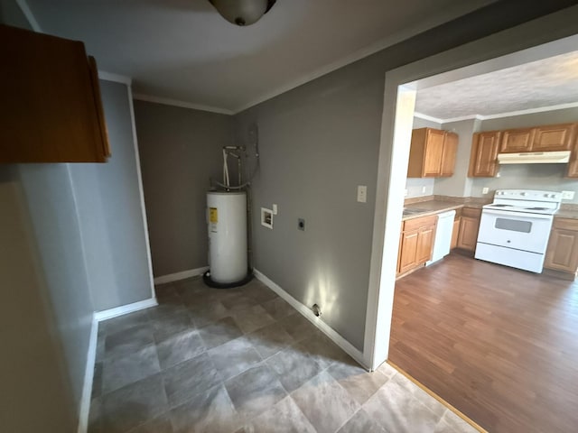 kitchen with white appliances, ornamental molding, and water heater