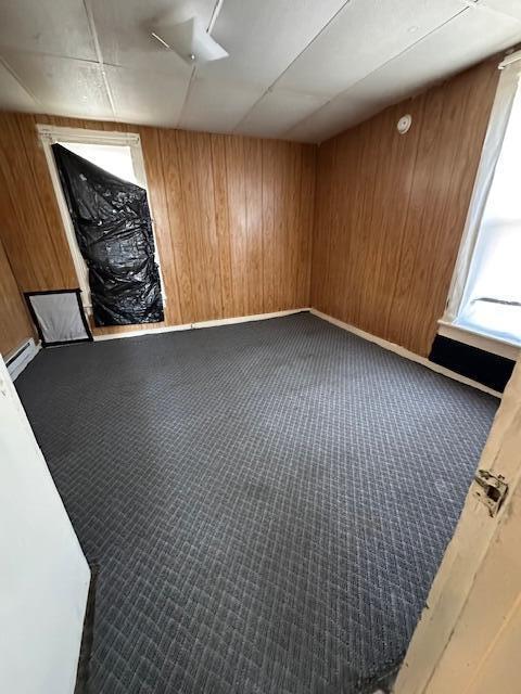 carpeted empty room with wood walls