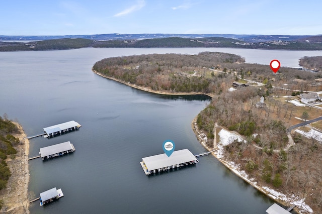 bird's eye view with a water view