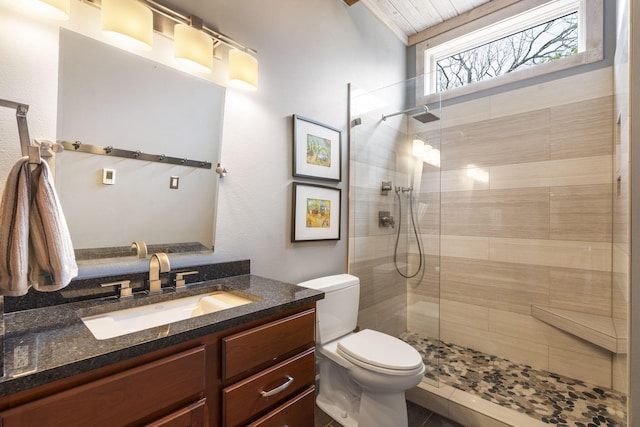 bathroom featuring toilet, vanity, and a tile shower