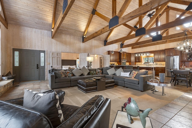 living room with wood ceiling, wood walls, ceiling fan, high vaulted ceiling, and beamed ceiling