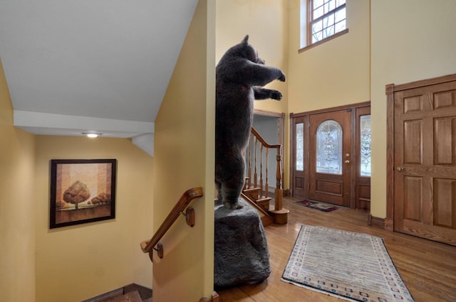 foyer entrance featuring plenty of natural light, a towering ceiling, and hardwood / wood-style flooring