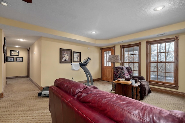 living room with light colored carpet and a textured ceiling