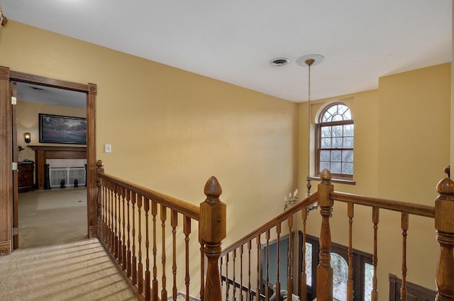 stairway featuring carpet flooring