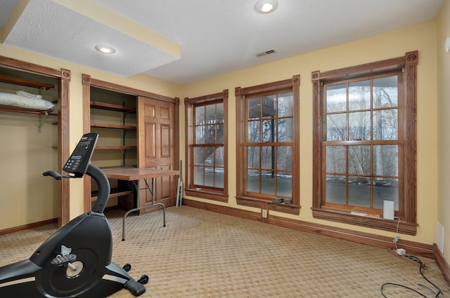 workout area featuring a textured ceiling and carpet flooring